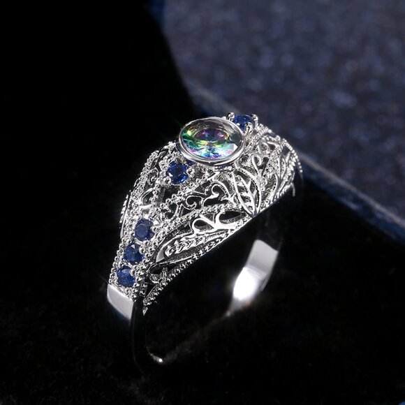 Colorful Gem Royal Blue Zircon Anillos Vintage Luxury Rings for Women, PD117 - Picture 2 of 3